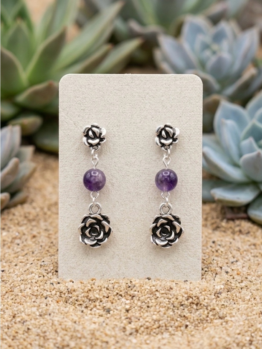 Hand Crafted Succulent Flowers & Amethyst Drop Earrings 1.5” Hypoallergenic NWT
